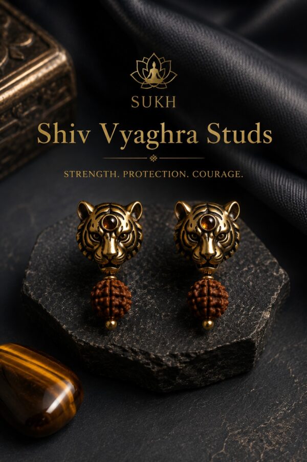 Shiv Vyaghra Studs – Tiger & 5 Mukhi Rudraksha Earrings for Strength, Protection, Courage, Confidence & Spiritual Energy