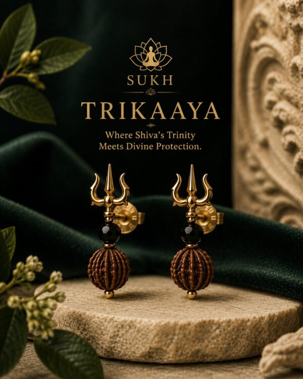 Trikaya Earrings – Trishul & Rudraksha Earrings for Divine Protection, Strength, Spiritual Growth, Courage & Positive Energy