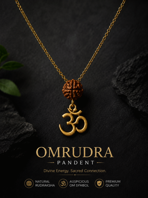 Omkara Pendant – 5 Mukhi Rudraksha & Gold-Plated Om Pendant Necklace for Spiritual Energy, Protection & Inner Peace