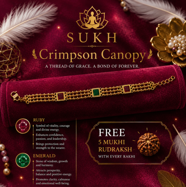 Crimson Canopy Rakhi with 5 Mukhi Rudraksha | Ruby & Emerald Rakhi for Men | Spiritual Rakhi Gift