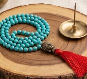 Turquoise Japa Mala with Buddha Face – Turquoise Bead Meditation Mala for Peace, Protection, Mindfulness & Spiritual Practice
